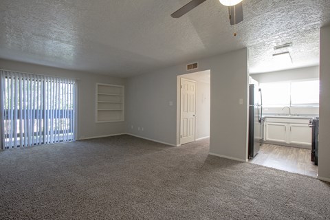Living room and kitchen at Villas de la Terraza Apartments in Albuquerque NM October 2020
